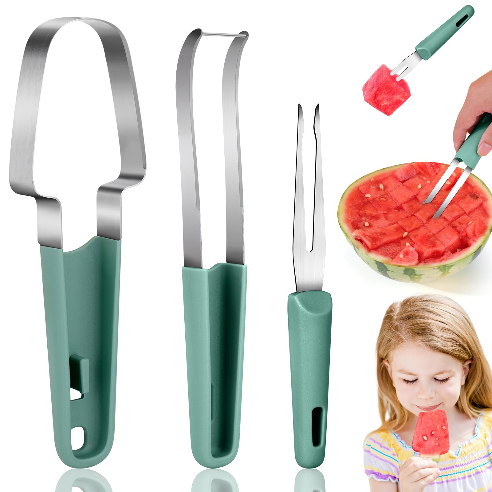 Kitchen Gadgets Cutting Tools - ชุดส้อมตัดแตงโม 3 in 1 พร้อมที่ตัดและมีดสแตนเลส สำหรับใช้ในครัวเรือน