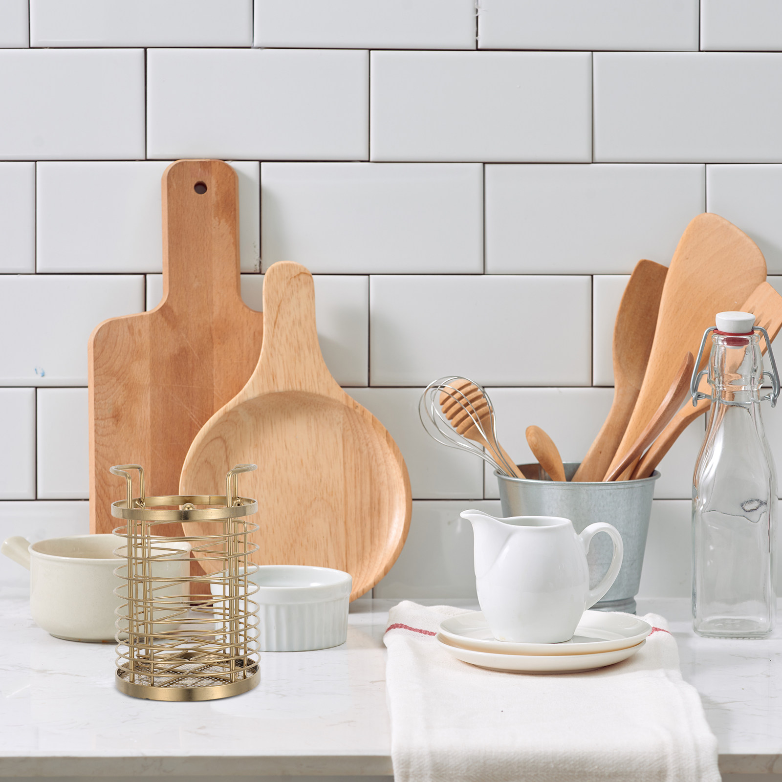 Kitchen Utensil Holder - ที่วางอุปกรณ์ครัวแบบหมุนได้ สแตนเลสสีทอง 4 ช่อง สำหรับวางบนเคาน์เตอร์ ที่จัดเก็บตะเกียบ