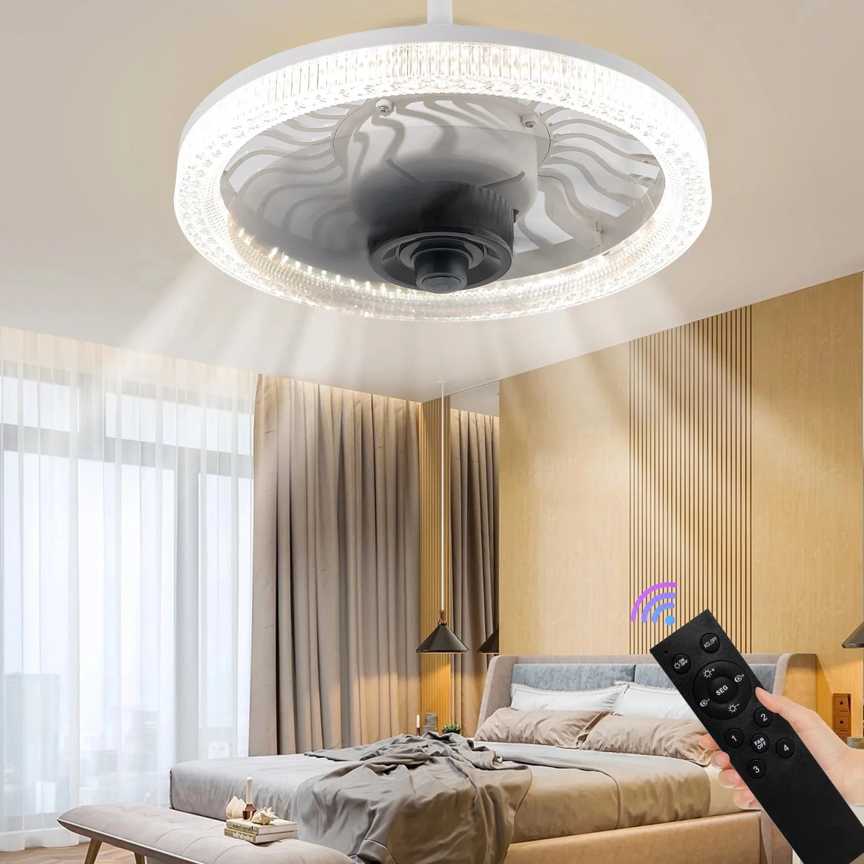 Kitchen Gadgets Smart - พัดลมเพดาน LED อัจฉริยะ พร้อมรีโมทคอนโทรล ปรับความสว่างได้ ขั้วหลอดไฟ