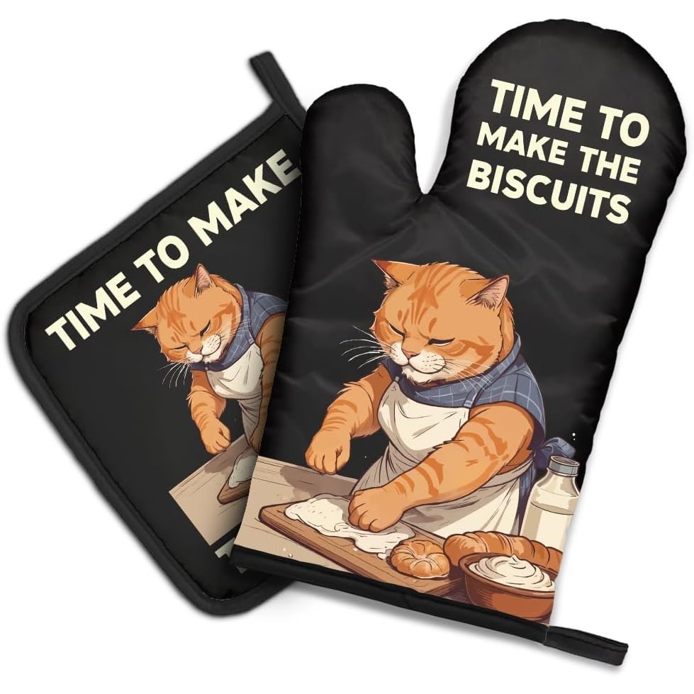 Kitchen Gadgets For Mom - ชุดถุงมือกันความร้อนและที่รองหม้อลายแมวตลก The Biscuits, อุปกรณ์ครัวน่ารักสำหรับคนรักสัตว์เลี้ยง, ของขวัญขึ้นบ้านใหม่สำหรับคุณพ่อคุณแม่ที่รักแมว
