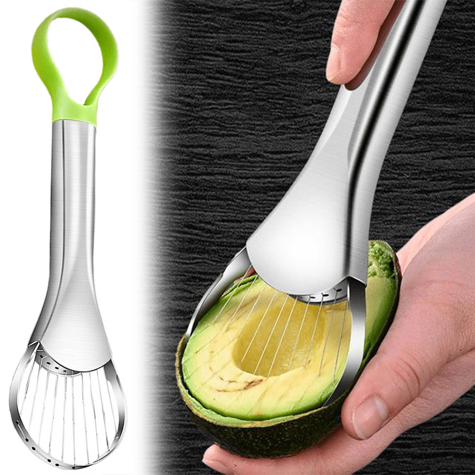 Avocado Slicer Tool - อุปกรณ์มีดหั่นอะโวคาโด, ที่ตัดสแตนเลส อุปกรณ์ครัว เครื่องมือหั่นผลไม้ สำหรับครัวและบ้าน ใช้หั่นผลไม้เช่น