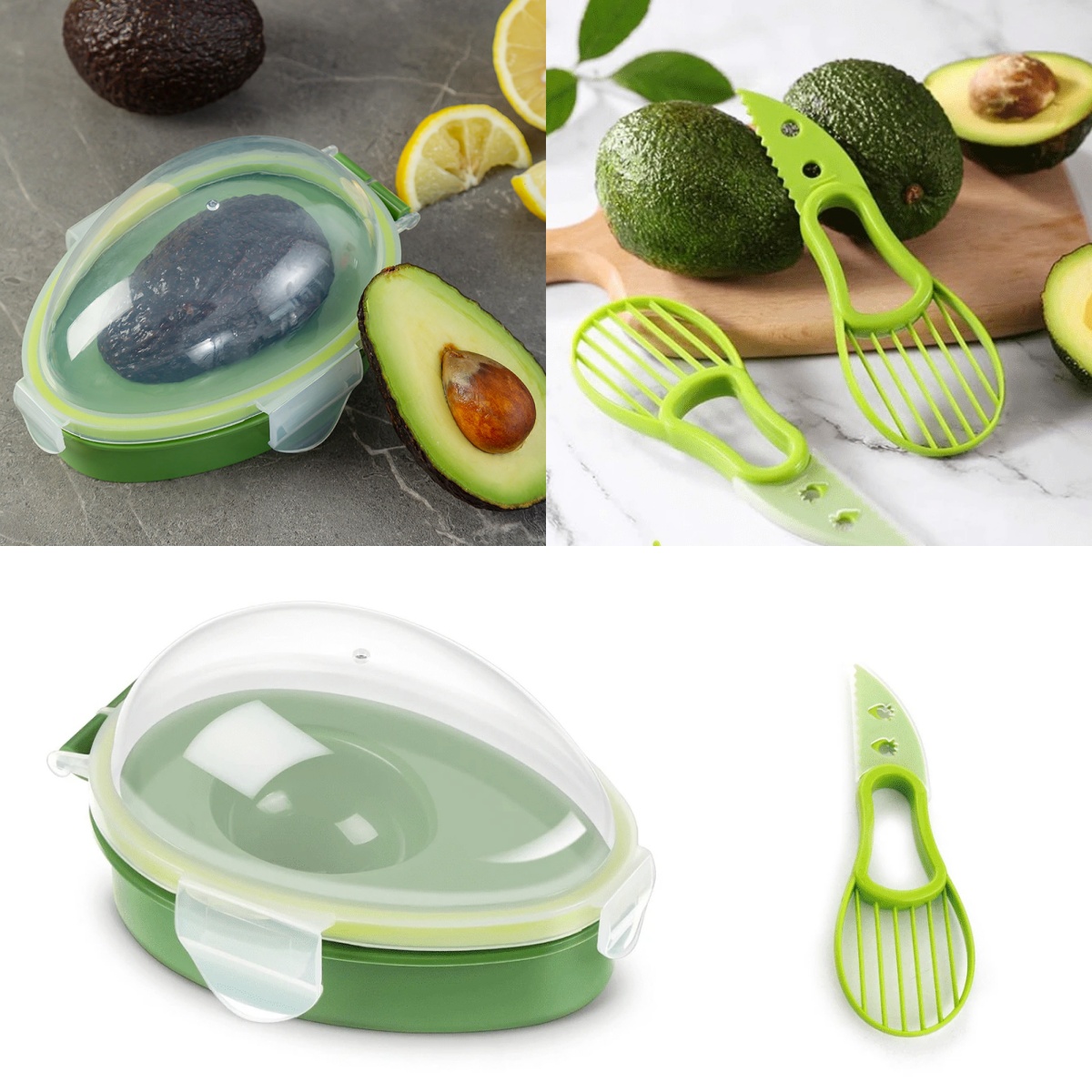 Avocado Slicer Tool - กล่องเก็บอะโวคาโดแบบใช้ซ้ำได้ พร้อมที่หั่นผลไม้ ช่วยประหยัดพื้นที่ สำหรับเก็บรักษาอาหารให้สดใหม่ ใช้ในครัวและตู้เย็น