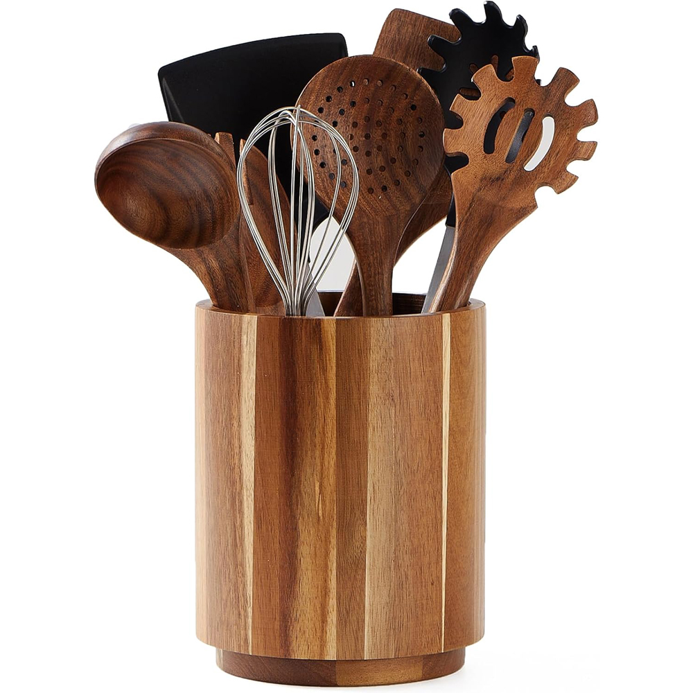 Kitchen Utensil Holder - ที่ใส่เครื่องครัวไม้กระถินณรงค์สำหรับวางบนเคาน์เตอร์ครัว 360 ° ที่วางอุปกรณ์ทำครัวไม้หมุนได้ขนาด 7.2 นิ้ว